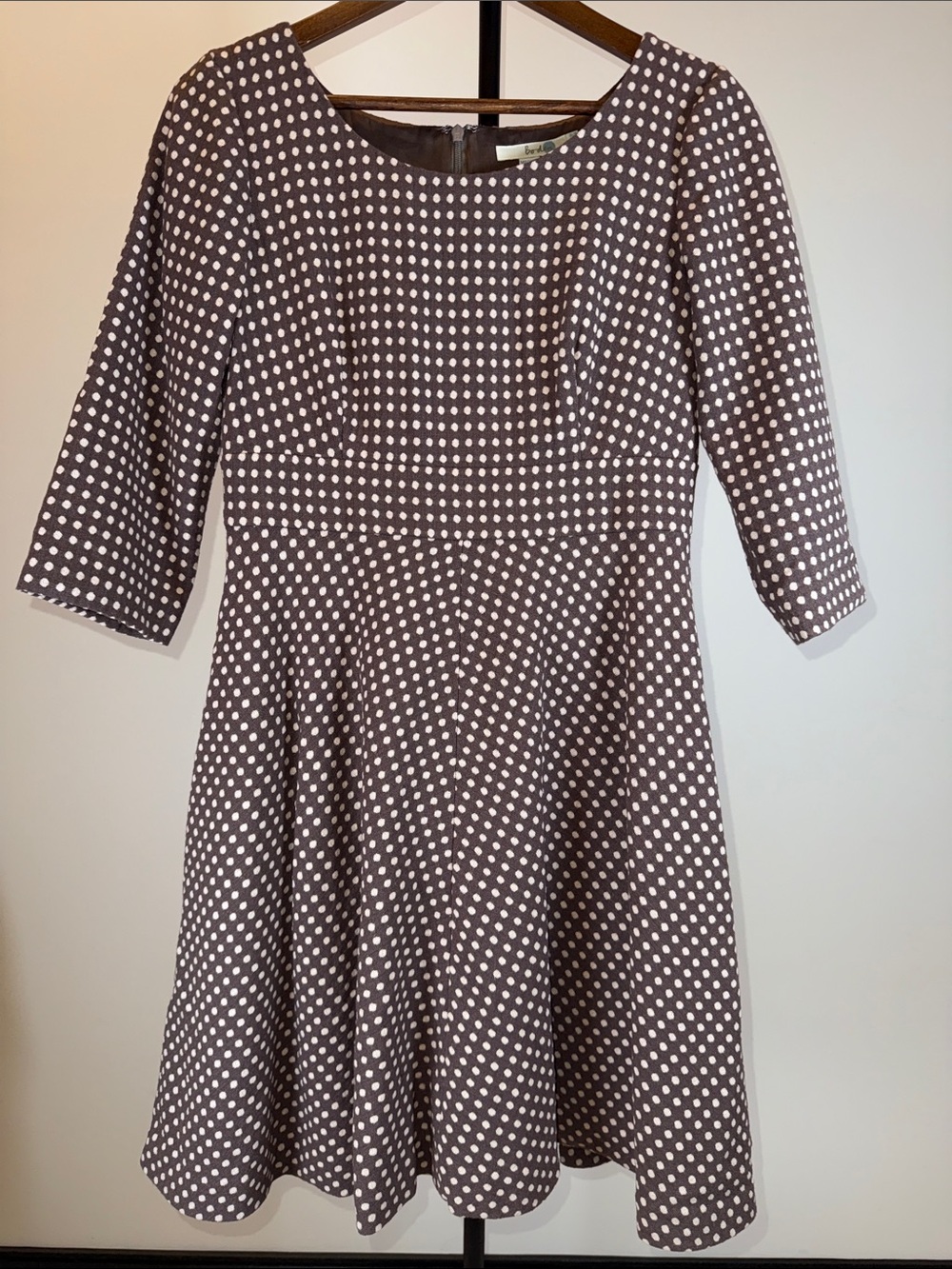 Boden Kate Polka Dot Wool Blend Fit & Flare Dress Brown White 3/4 Sleeve | 8P